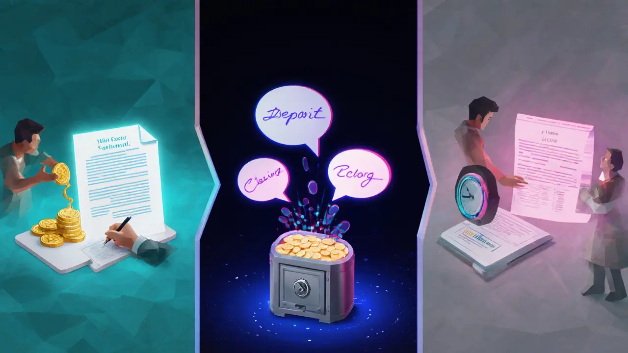 Three-part low poly view of opening, off‑chain trading, and closing a state channel.