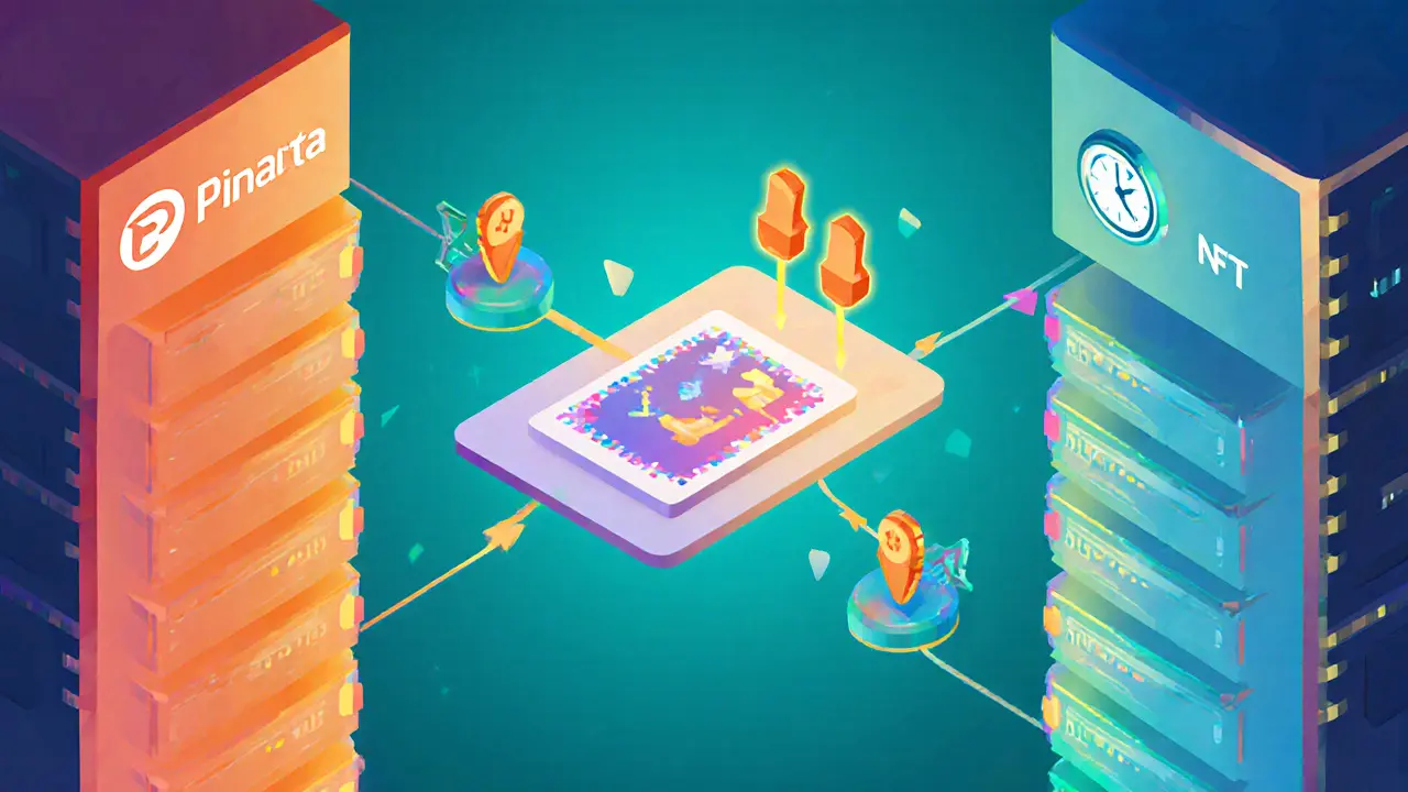 Two low‑poly pinning service icons securing a digital NFT image.