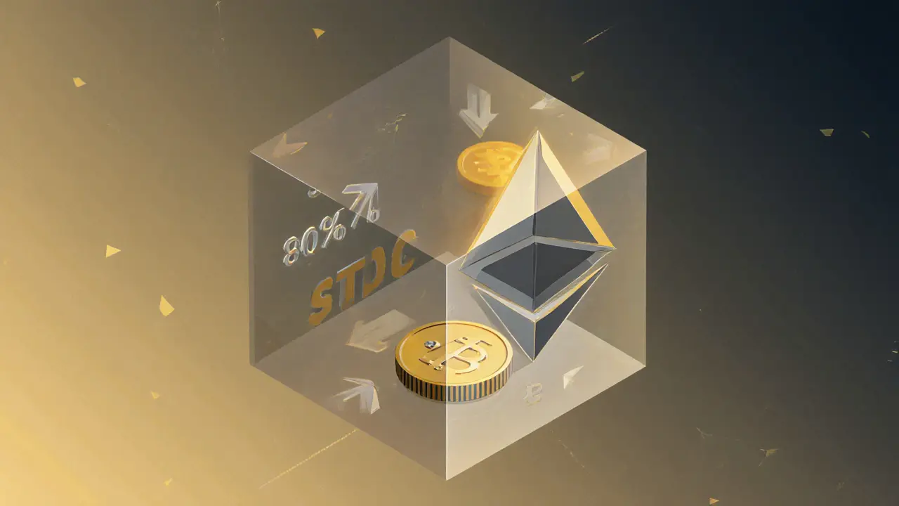 80/20 weighted liquidity pool with large ETH and small USDC polygons inside a smart contract cube, showing reduced rebalancing.