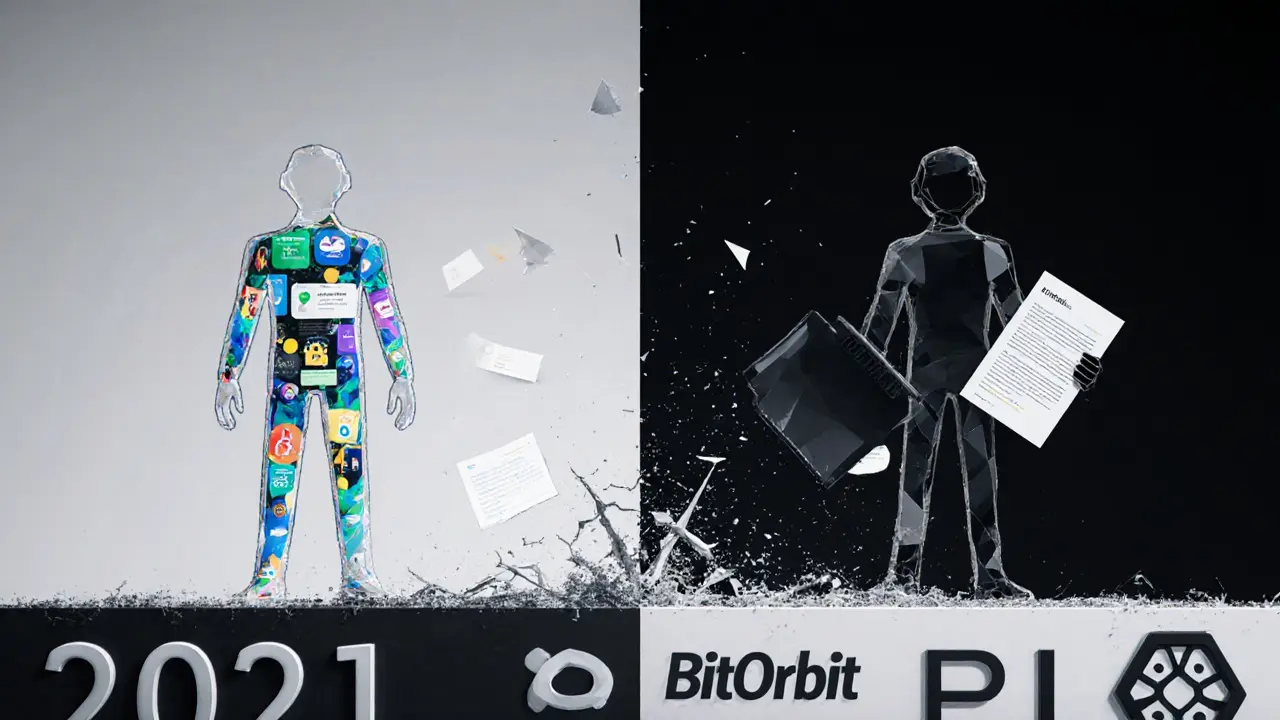 A contrast between an active project and a hollow BitOrbit silhouette on a crumbling platform.