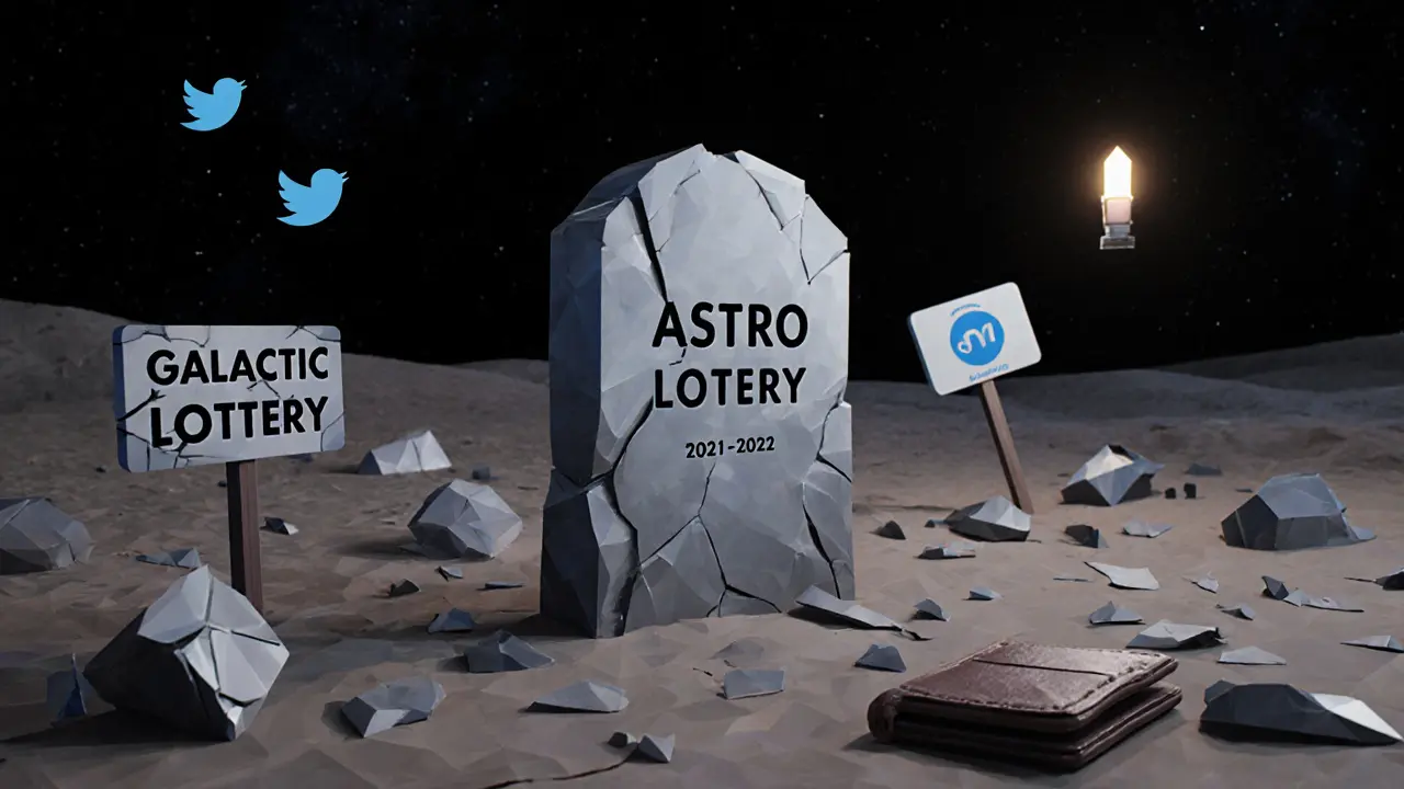 A crypto tombstone for AstroSwap in a barren digital wasteland, with broken marketing signs.