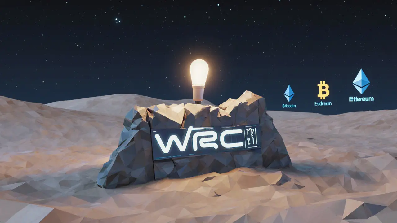A decaying monument labeled &#039;WRC 2017&#039; buried in sand under a starless sky.