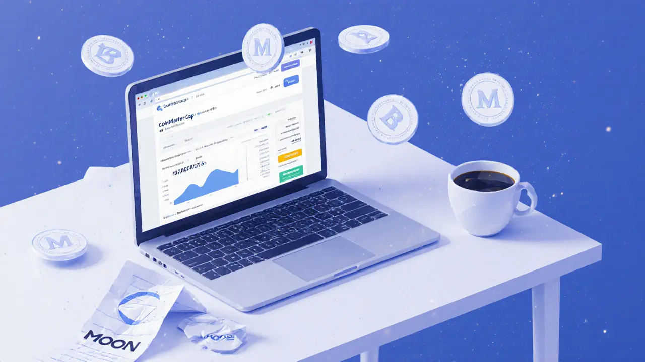 A desk with a laptop showing MOON&#039;s near-zero trading volume and a crumpled &#039;Venture Studio&#039; note.