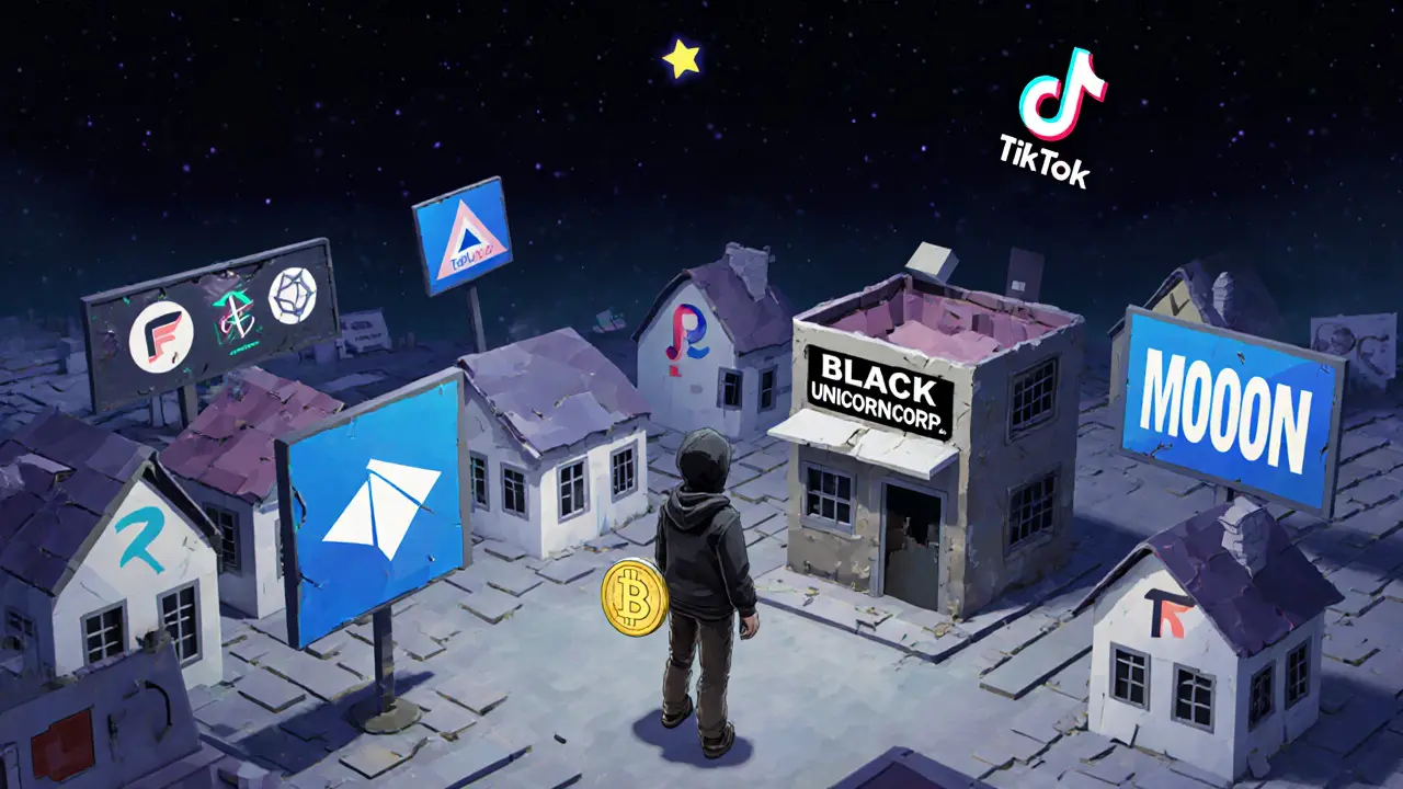 A lone person in a hoodie holding a MOON token in a town made of fake crypto logos, surrounded by silence.