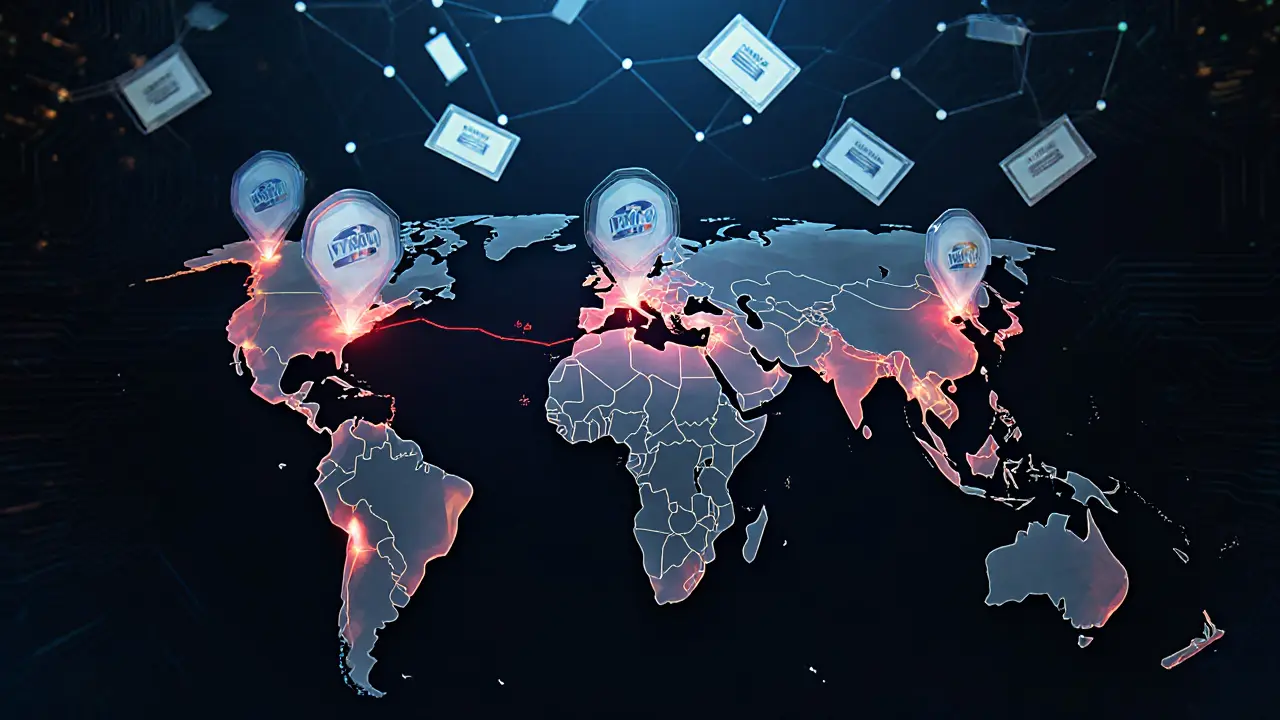 A low-poly global map showing voting activity in Estonia, Switzerland, and West Virginia with floating encrypted ballots.