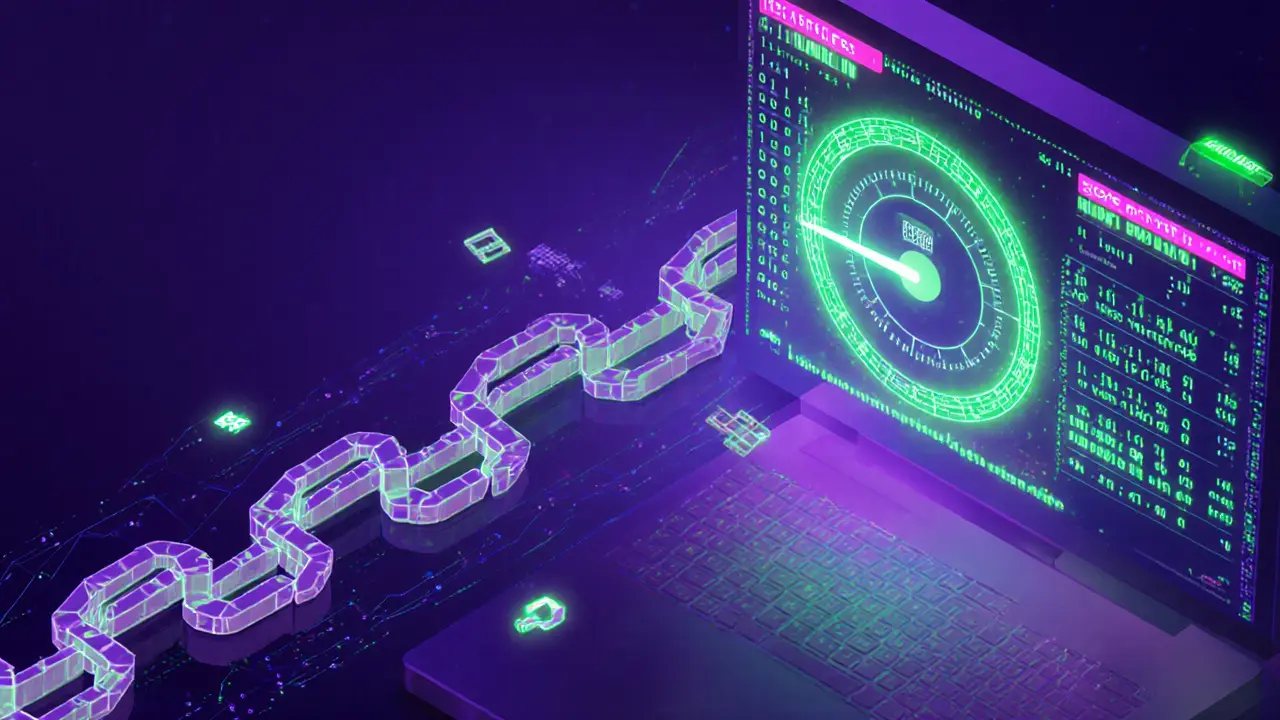 A miner’s interface with a spinning nonce and floating hash values illuminating a blockchain chain.