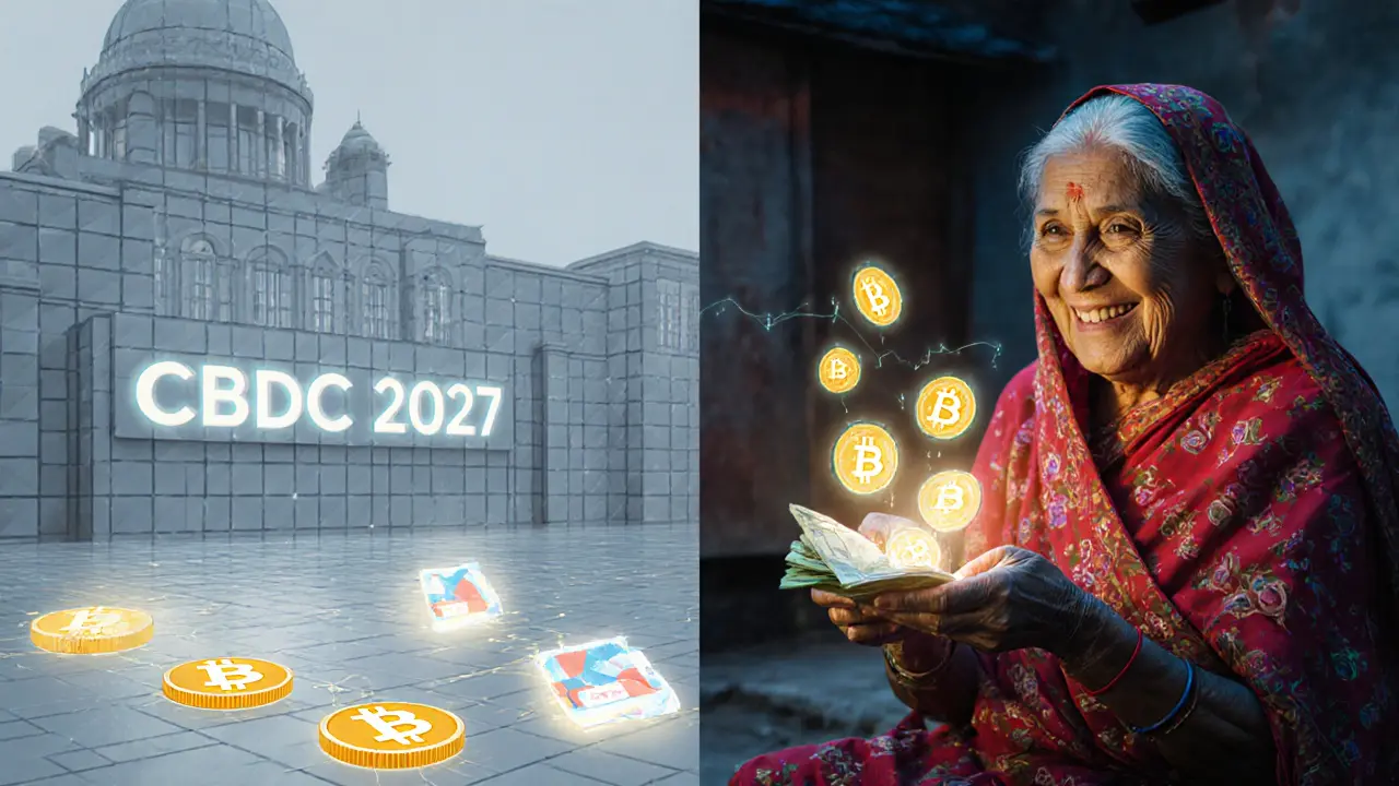 A rural woman receiving cash from a crypto transaction, contrasted with a government-controlled digital currency system.