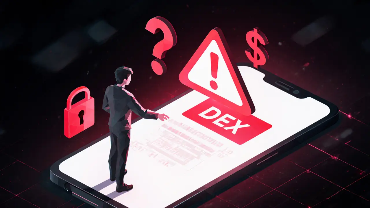 A user interacting with a risky decentralized exchange interface surrounded by warning symbols.