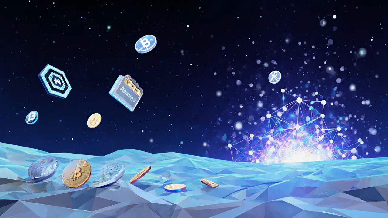 Abandoned GPU shards and floating MCC tokens in a dark digital void, while rival networks glow in distance.