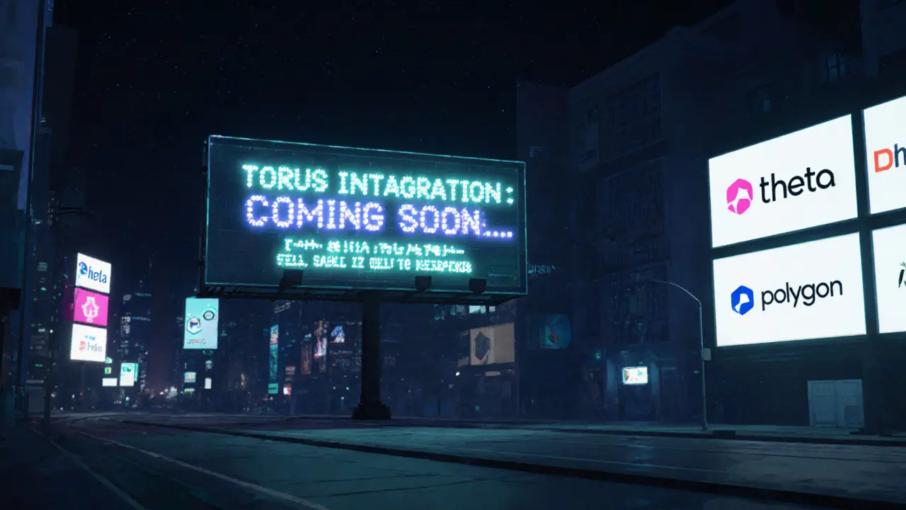 Abandoned Torus integration billboard next to thriving blockchain platforms in a cyber-city.
