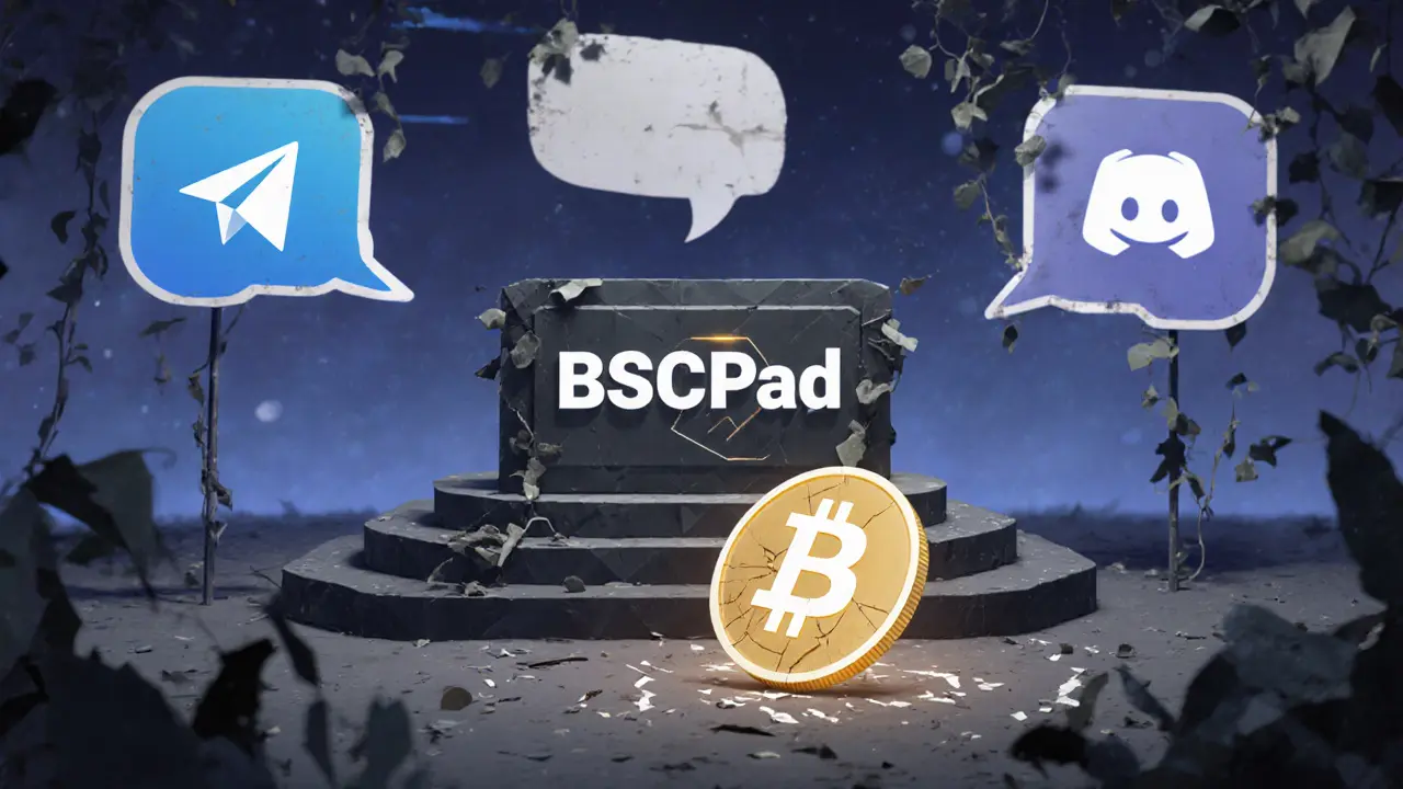 An abandoned IDO podium with dead chat bubbles and a fallen token at zero value.