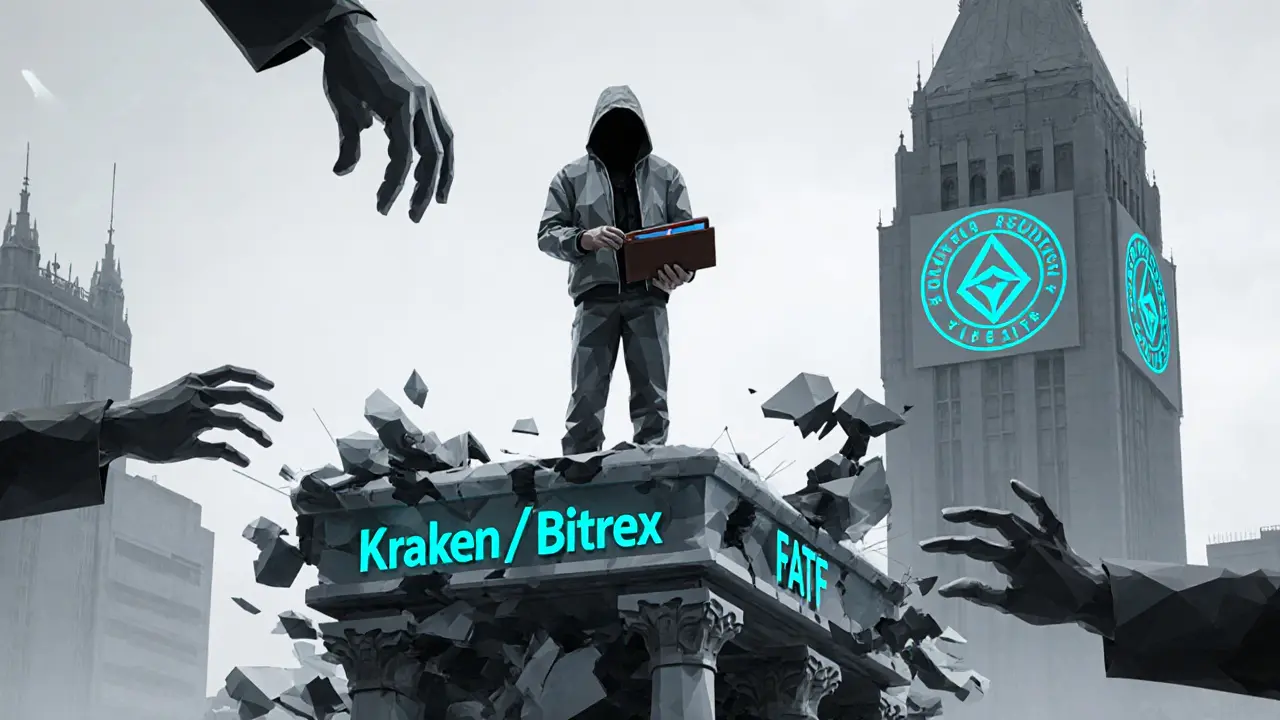An activist holding a Monero wallet above a fallen exchange platform as regulatory hands reach down in low poly style.
