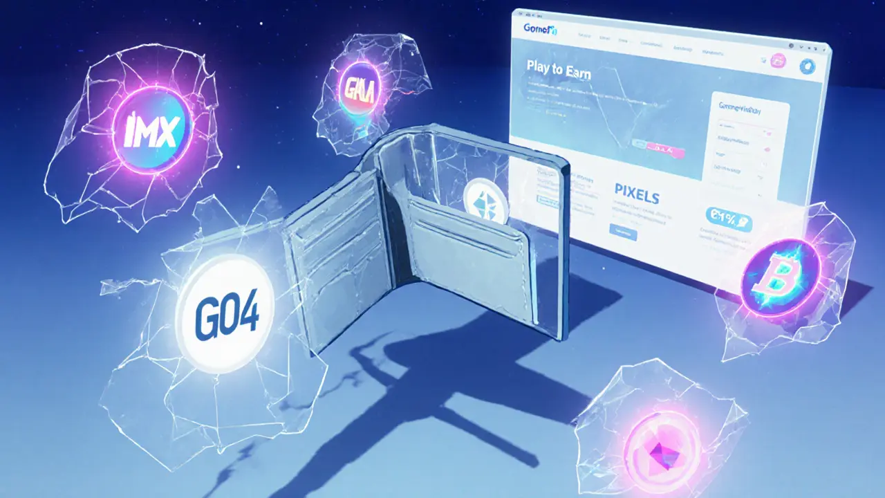An empty digital wallet with a cracked GO4 token, surrounded by glowing successful GameFi tokens in the distance.