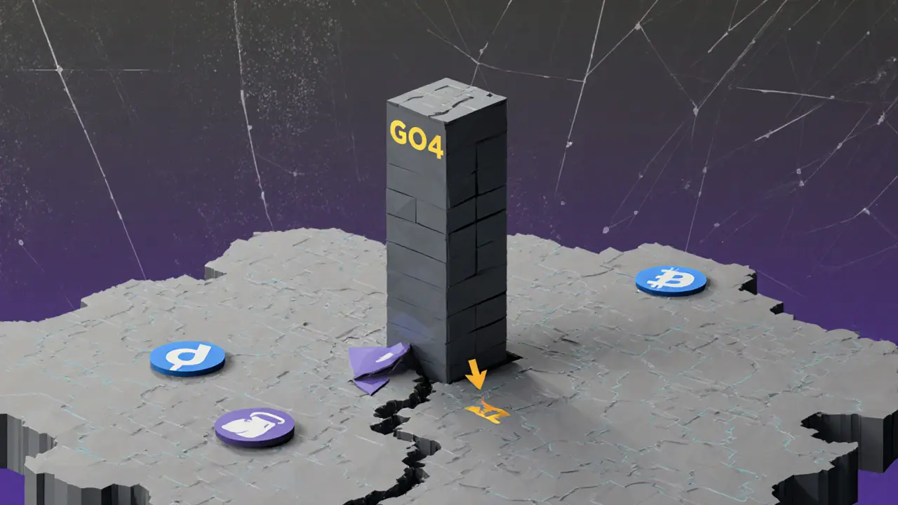 An empty game map with a collapsed GO4 blockchain tower and broken social icons in a desolate digital landscape.