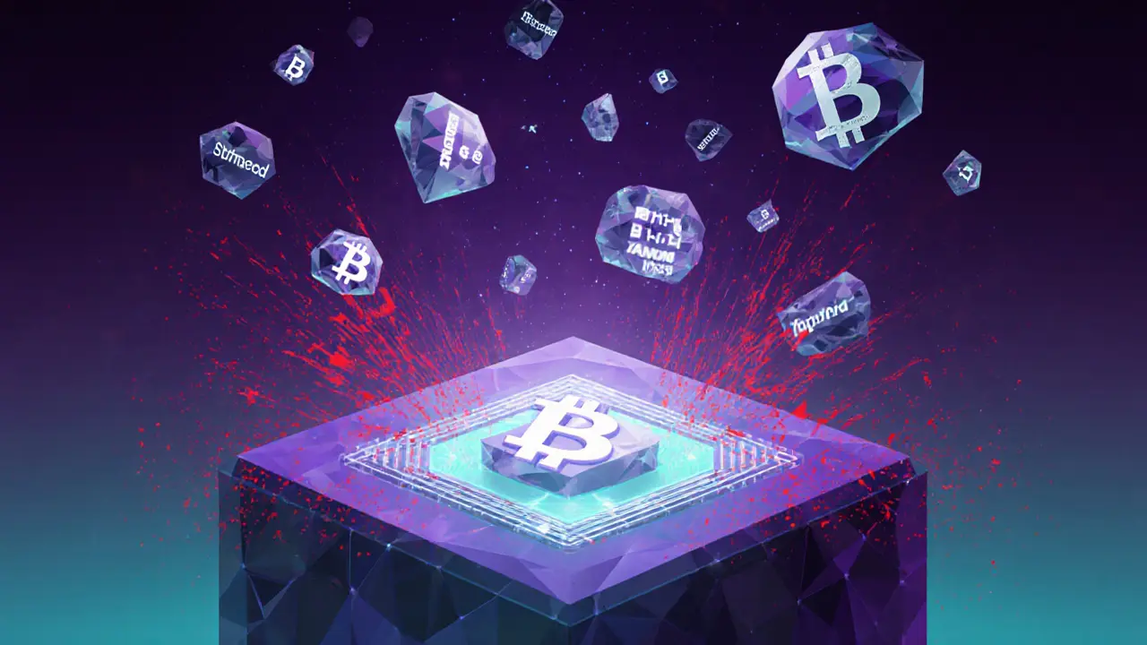 Bitcoin wallet with recovery phrase crystals and Taproot signature repelling quantum threat waves.