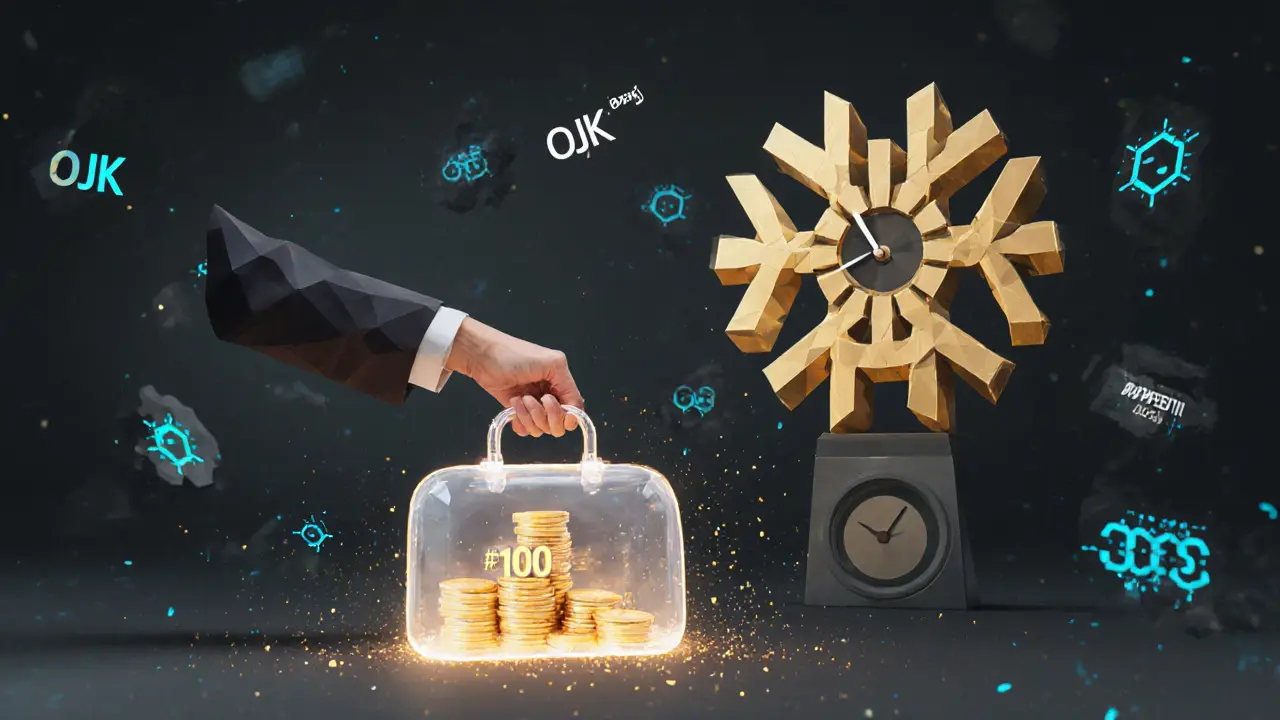 Businessperson handing capital to OJK emblem as BAPPEBTI logos dissolve, with July 2025 clock