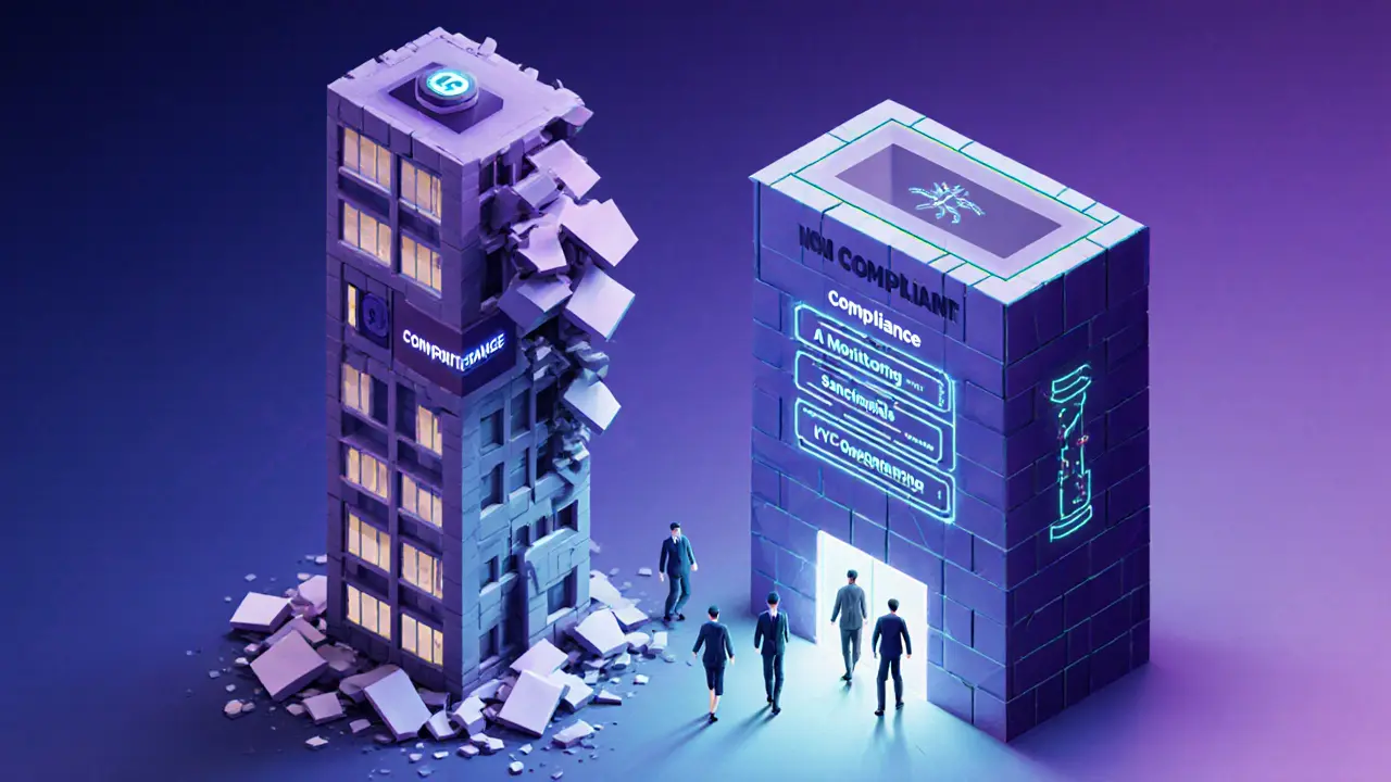 Collapsing non-compliant crypto exchange vs rising compliant hub with compliance modules in low-poly design.