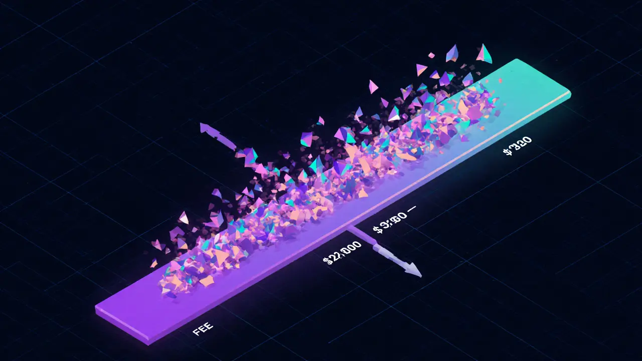 Concentrated liquidity range for ETH/USDC with dense fee particles inside a narrow price zone and empty space beyond.