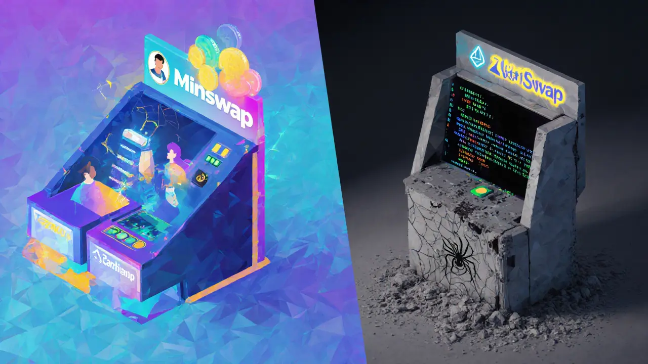 Contrasting active Minswap station versus abandoned AstroSwap terminal in a digital landscape.