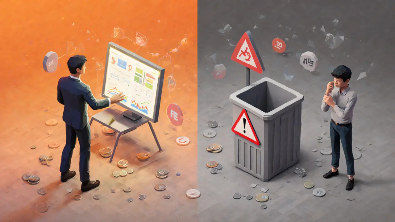 Contrasting scenes of an experienced trader adjusting bins versus a novice facing losses in a DeFi interface.