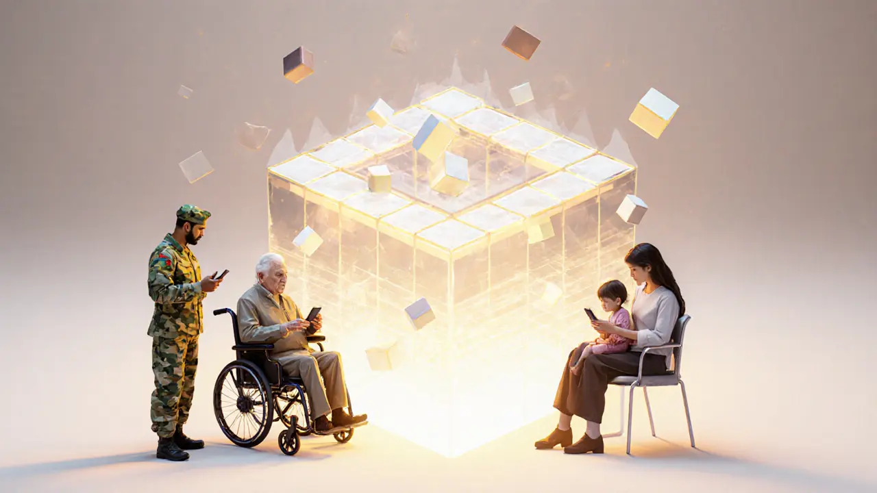 Diverse voters casting votes from different locations, their ballots forming a shared blockchain structure above them.