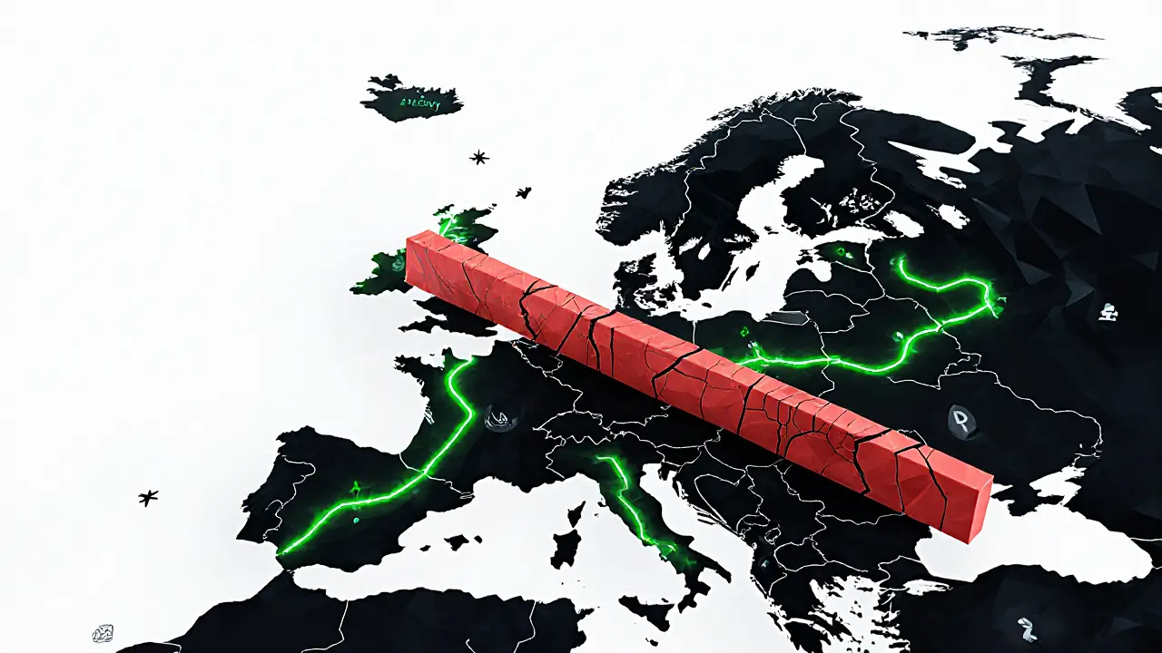 Europe map with allowed crypto paths in green and blocked privacy coins in red barriers.