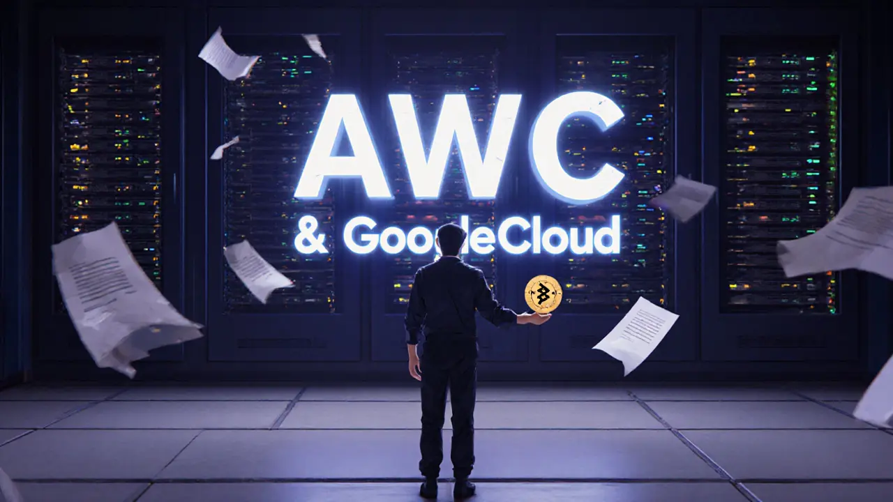 Figure holding a cracked MCC token before towering cloud computing giants, surrounded by empty servers.