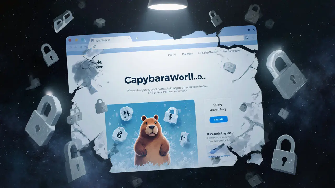 Flickering 2021-era CAPY website floating in void with ghostly token numbers and broken locks in low-poly style.