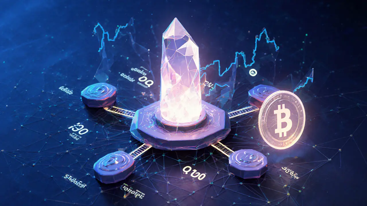 Futuristic Solana node with rising token flows and a partially formed MET token hovering above.