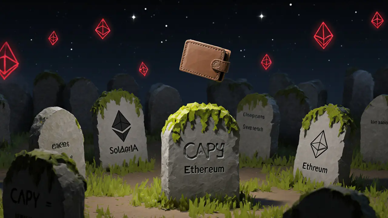 Graveyard of failed crypto tokens with two CAPY tombstones and an empty wallet floating above in low-poly abstraction.
