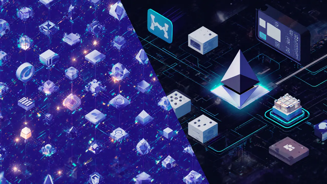 High-speed Torus blockchain transactions contrasted with slow Ethereum blocks in low-poly style.