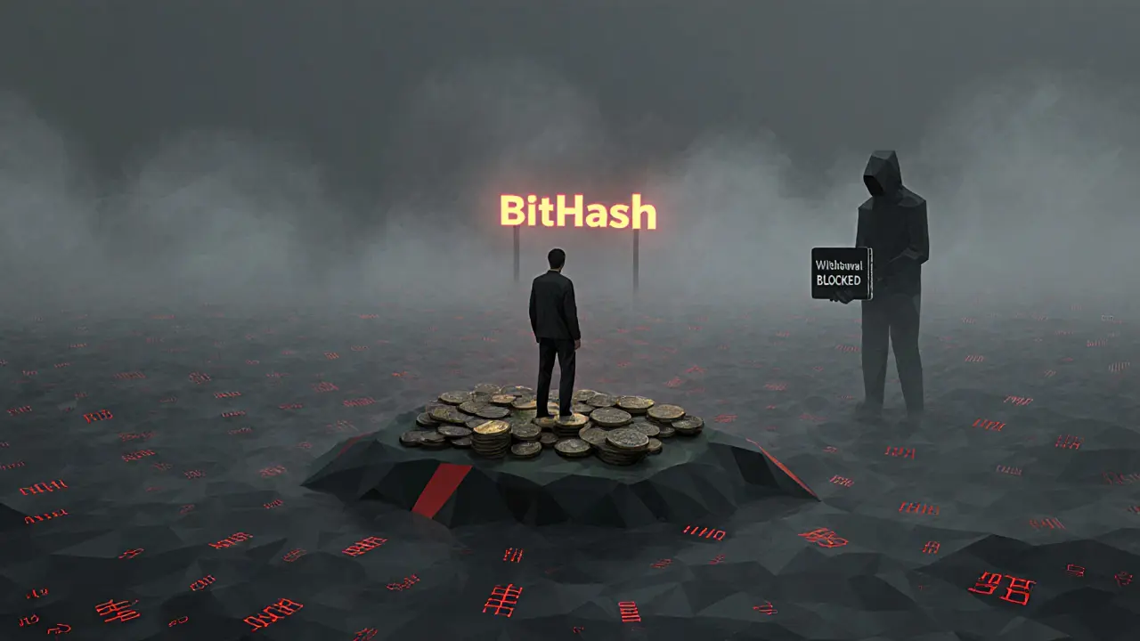 Isolated user on a small coin island surrounded by disappearing transactions and a fading exchange sign.