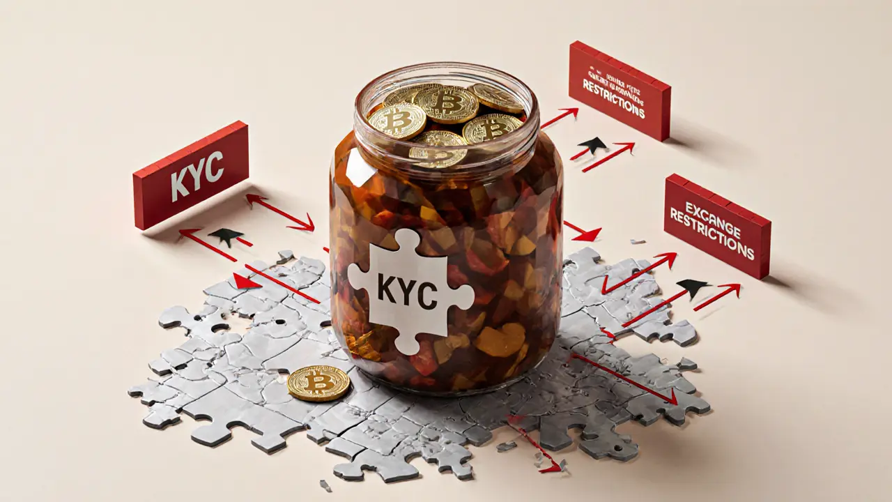 Kimchi jar filled with Bitcoin coins surrounded by regulatory barriers