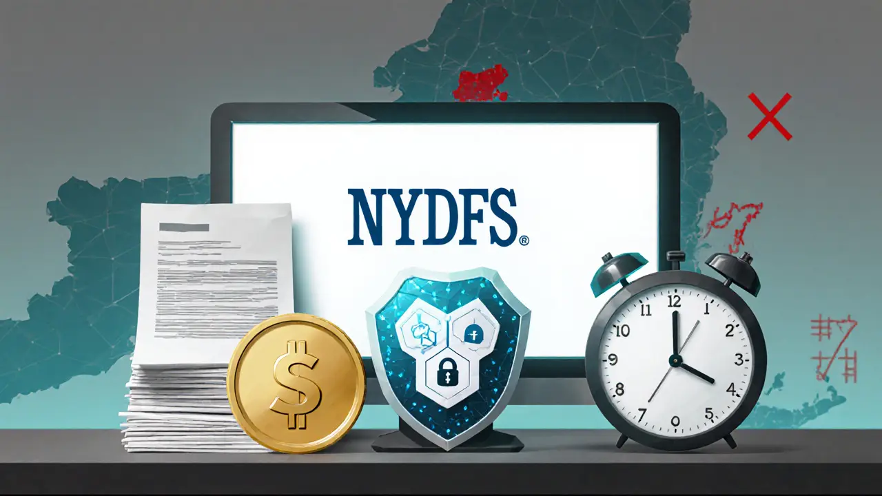 Low-poly desk with financial documents, clock, and NYDFS logo, symbolizing the long and costly BitLicense process.