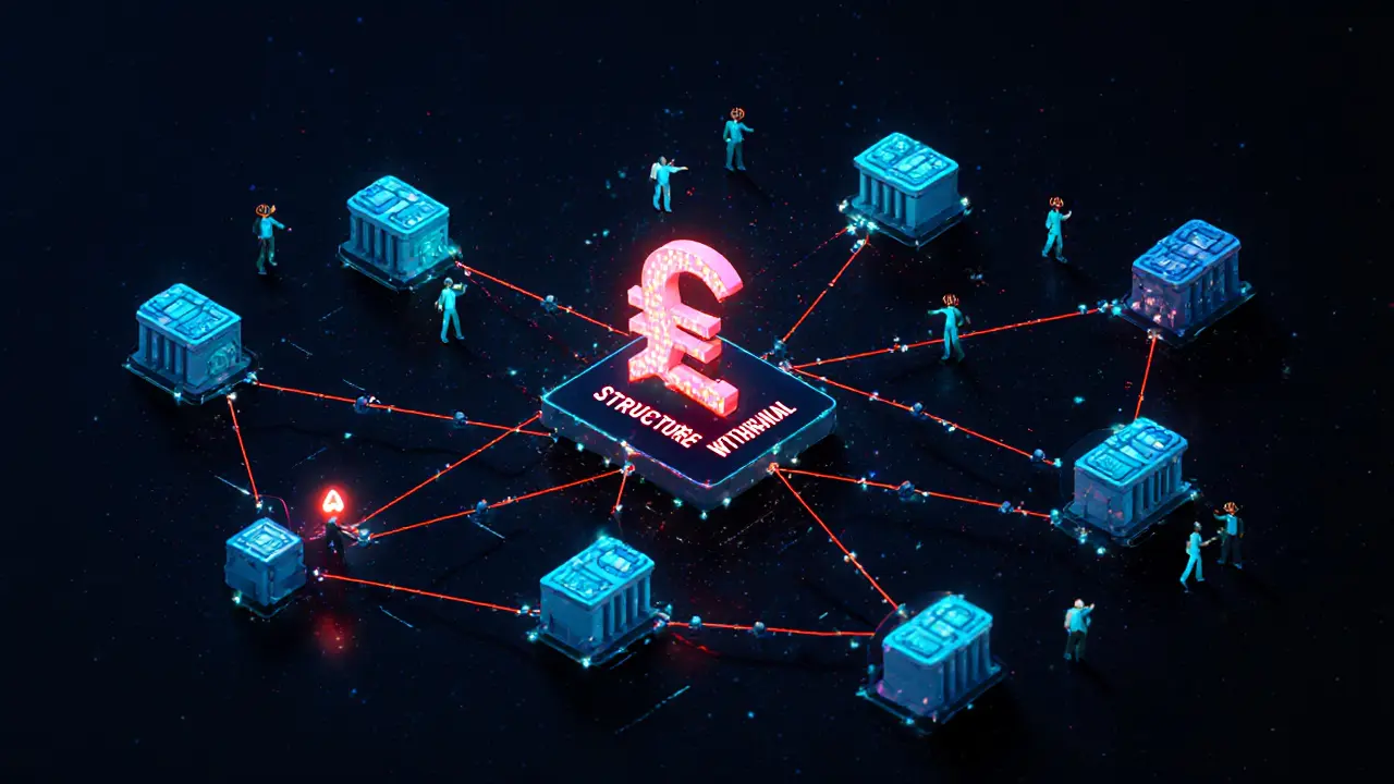 Network of bank accounts linked by red warning lines under digital ruble shadow
