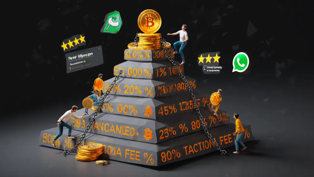Pyramid of crypto tokens with users pulled down by chains labeled &#039;Verification Fee.&#039;