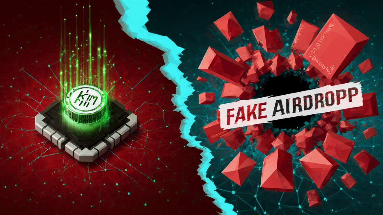 Real KIM mining node vs chaotic fake airdrop explosion in a low poly blockchain landscape.