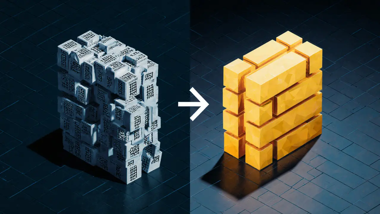 Side-by-side low-poly blocks showing Bitcoin’s original structure versus optimized SegWit design.