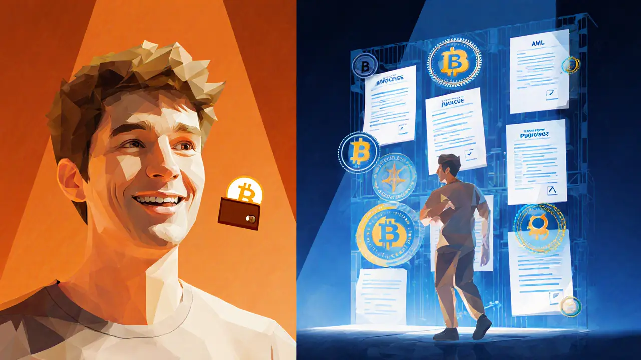 Split scene: hopeful startup founder vs. overwhelming compliance wall in low-poly digital style.