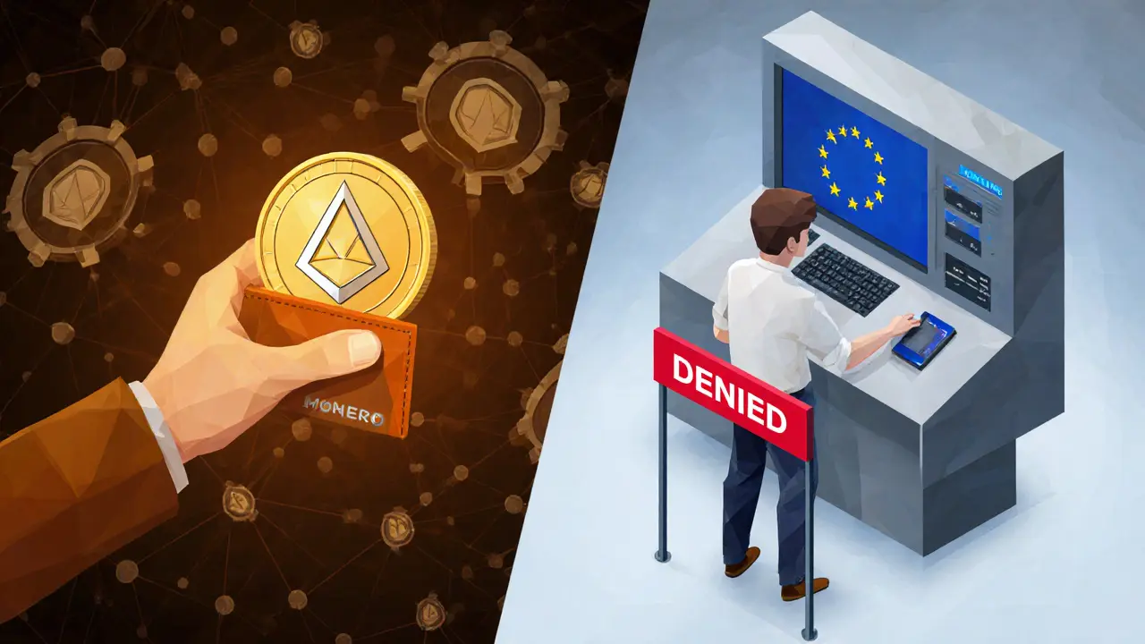 Split scene: user with privacy coin on one side, blocked by EU exchange on the other.