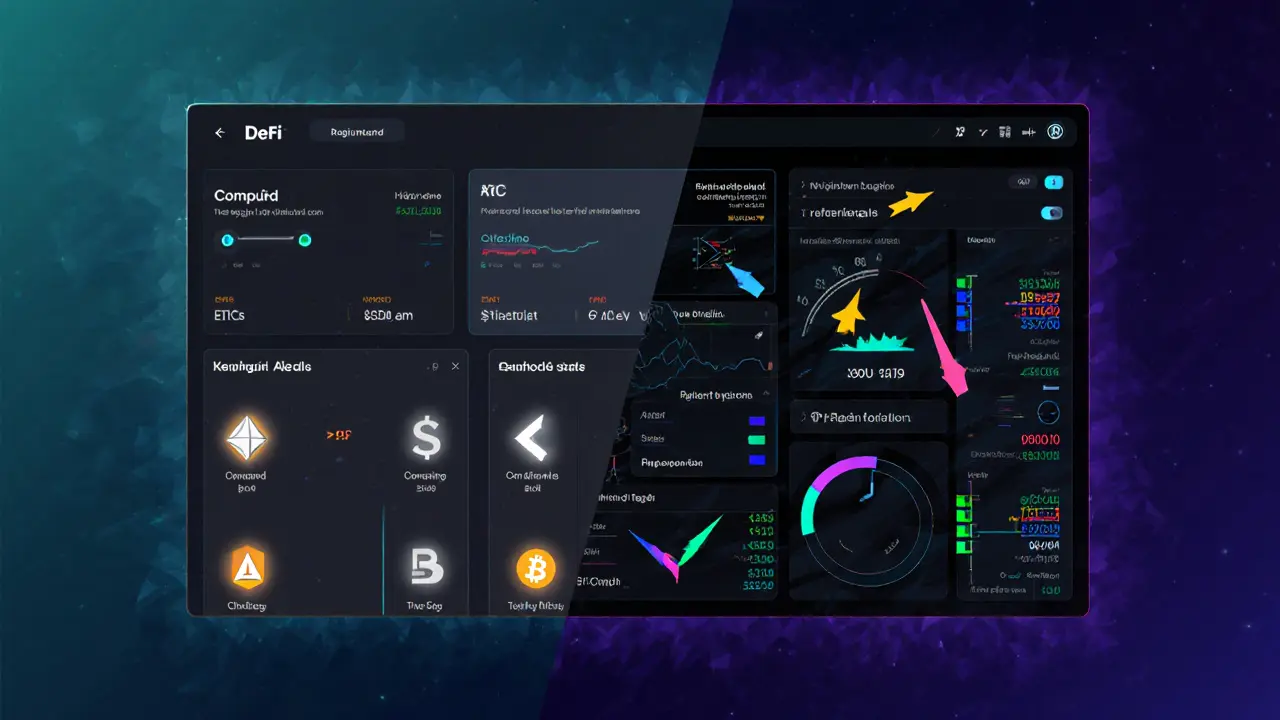 Split-screen DeFi interface: simple dashboard on left, complex tools on right.