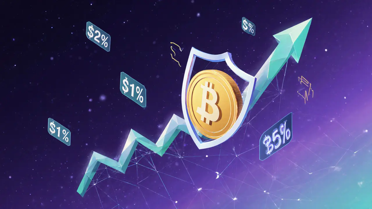 Trailing stop shield following a rising cryptocurrency with dynamic polygonal trail