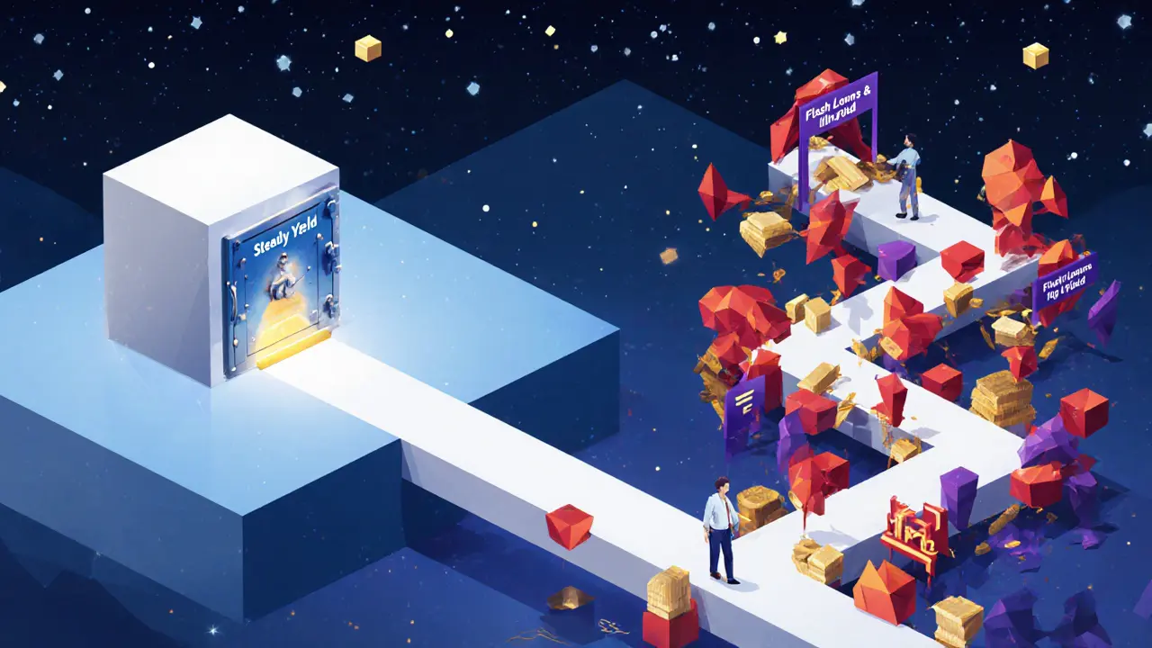 Two diverging paths in low-poly style: steady savings vs. high-risk DeFi arbitrage.