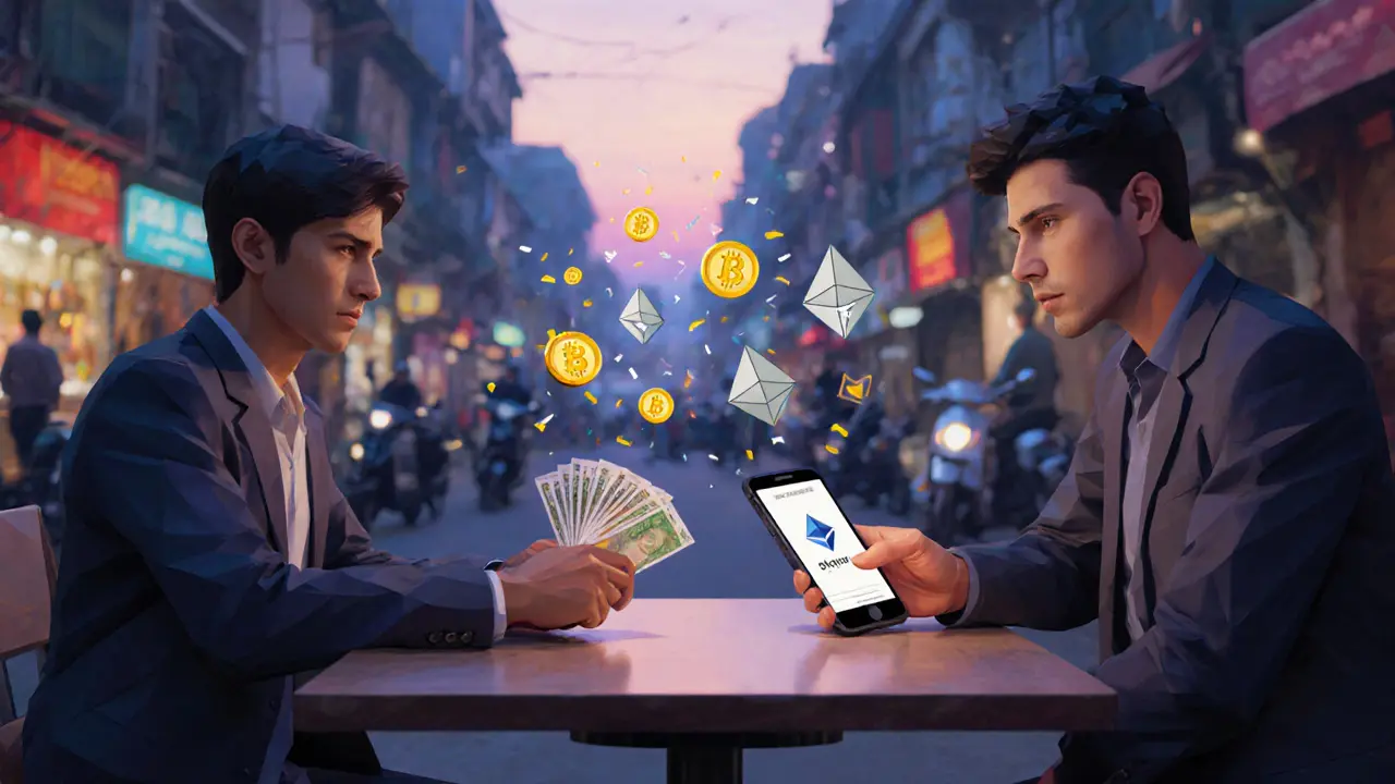 Two people exchanging cash for crypto in a café, digital tokens hovering between them in a low-poly style.