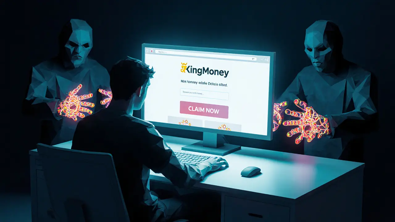 User deceived by fake KingMoney website as shadowy scammers reach from behind the screen.