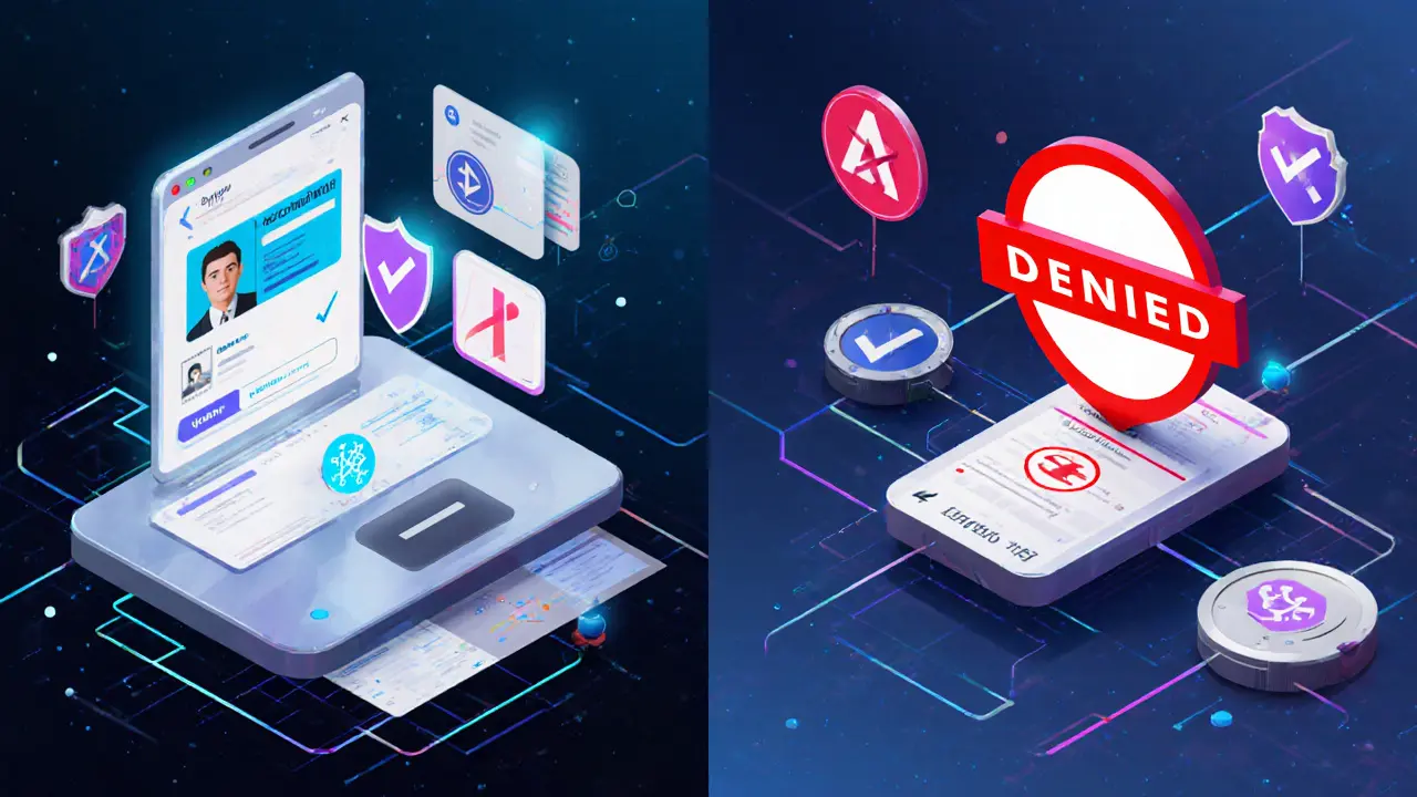 User verifying identity on left, transaction blocked by compliance system on right in low-poly style.