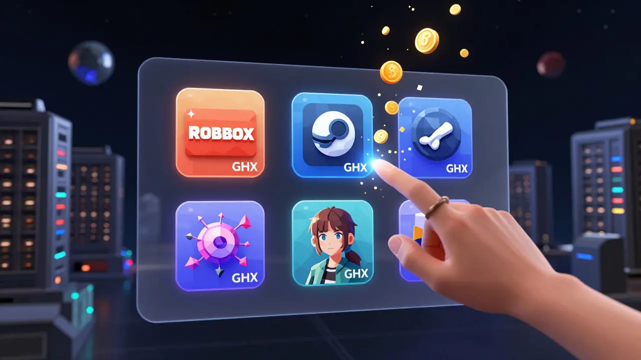 A floating digital store with GHX-priced items like gift cards and AI art in low-poly design.