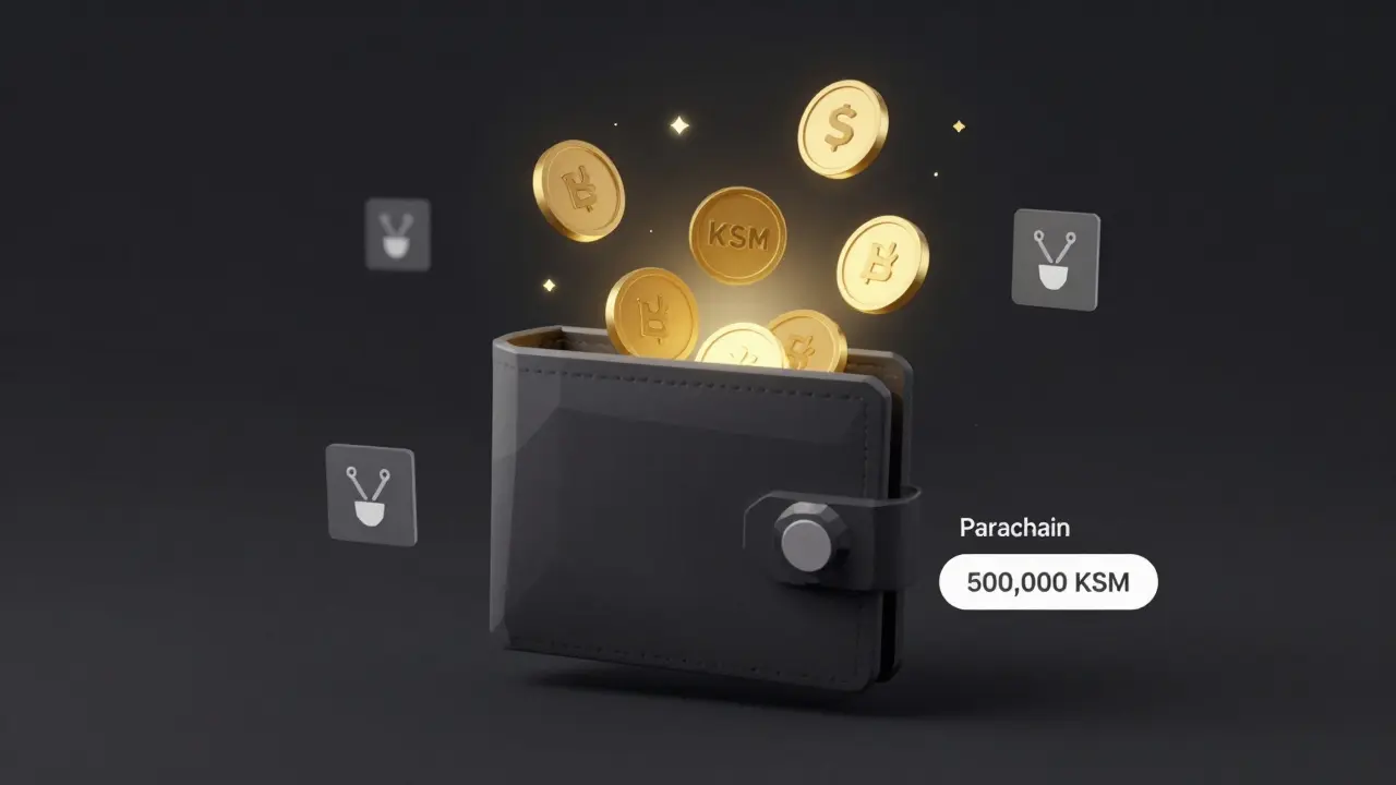 A floating wallet staking KSM tokens into a validator node with governance icons nearby.