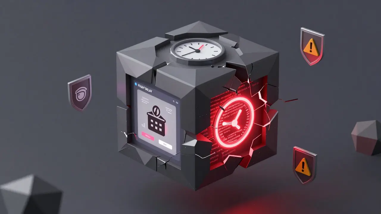 A fractured blockchain cube showing real-world applications with one vulnerable section glowing red.