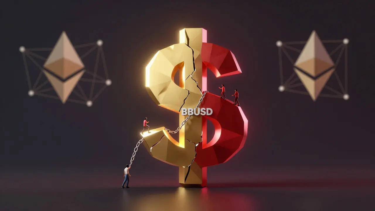 A fractured dollar sign made of low-poly shards, half glowing, half dark, with figures trying to bridge the gap.